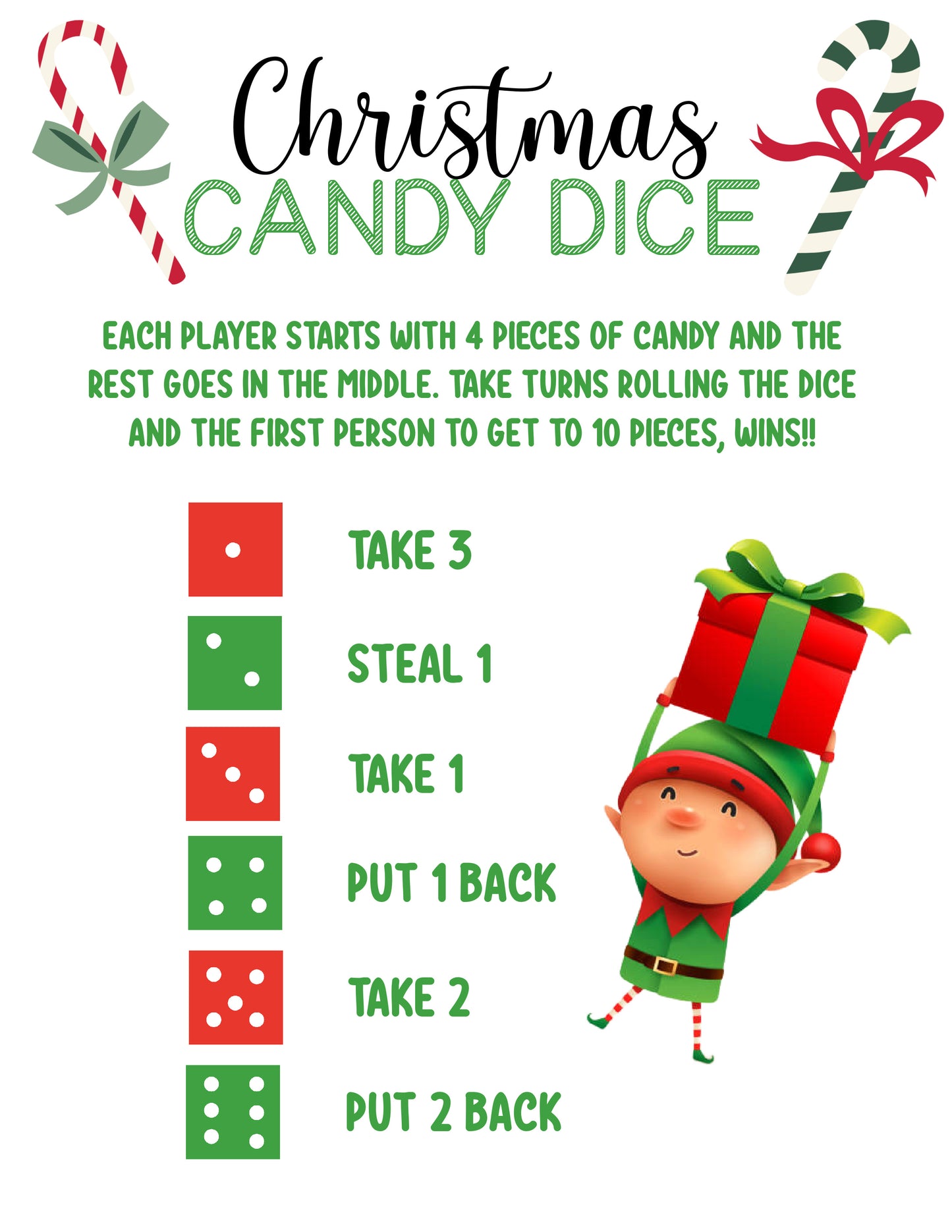 Christmas Candy Dice Game- PDF (printable download)