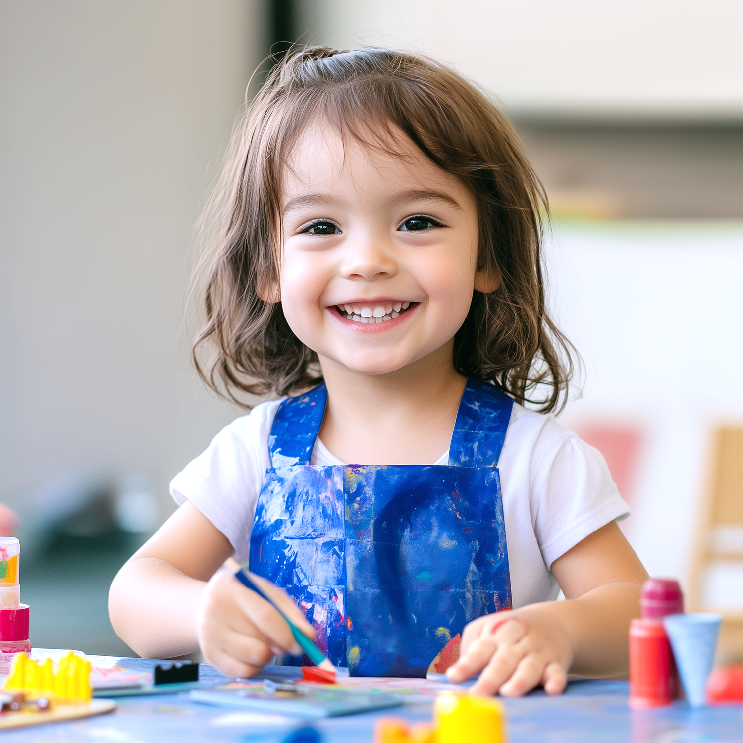 Happy Preschool girl crafting in a blue apron